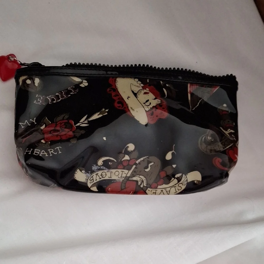 Black Tattoo Print Vinyl Cosmetic Pouch with Heart Charm